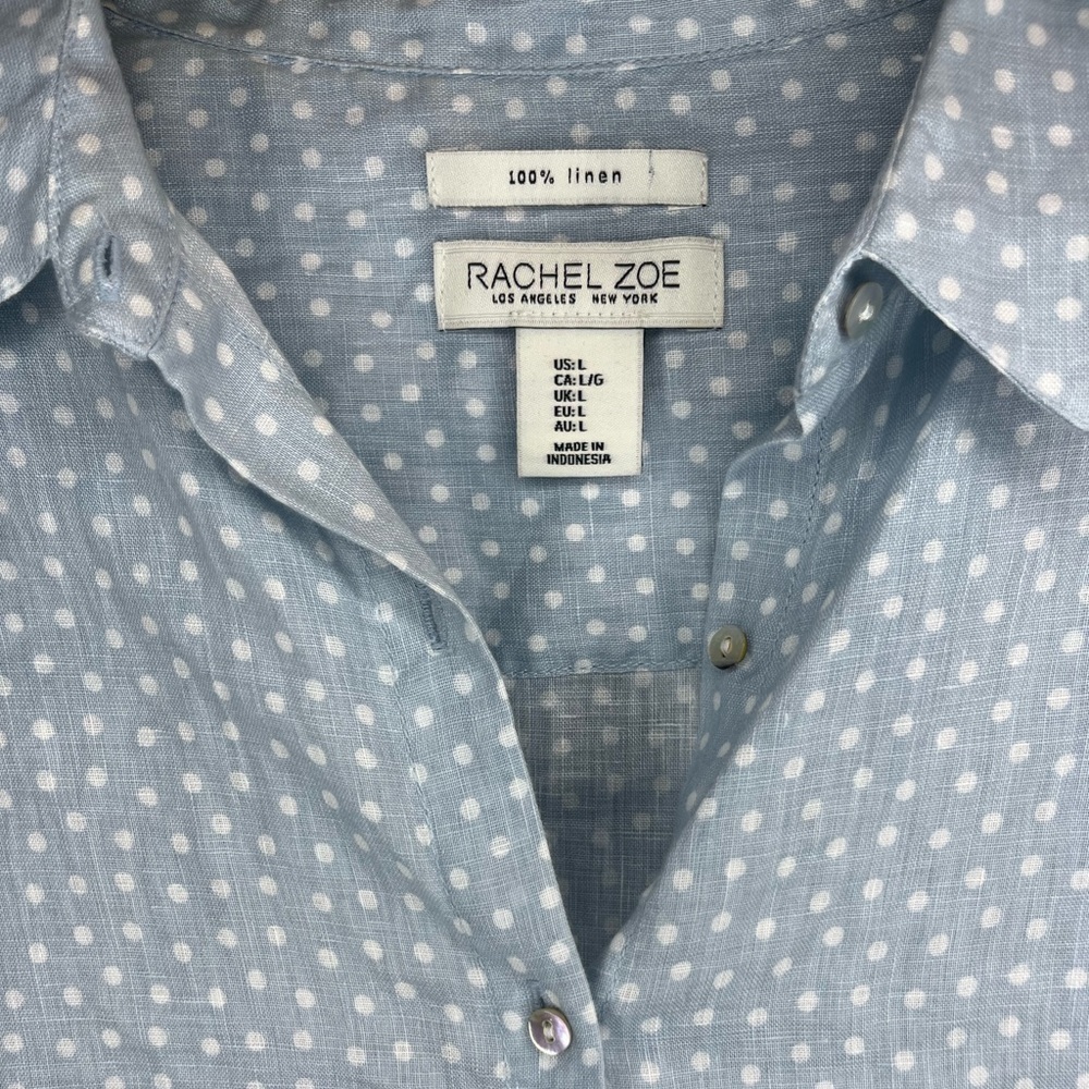 Rachel Zoe 100% Linen Light Blue Polkadot Women's Short-sleeve Button Up Shirt - Picture 5 of 5